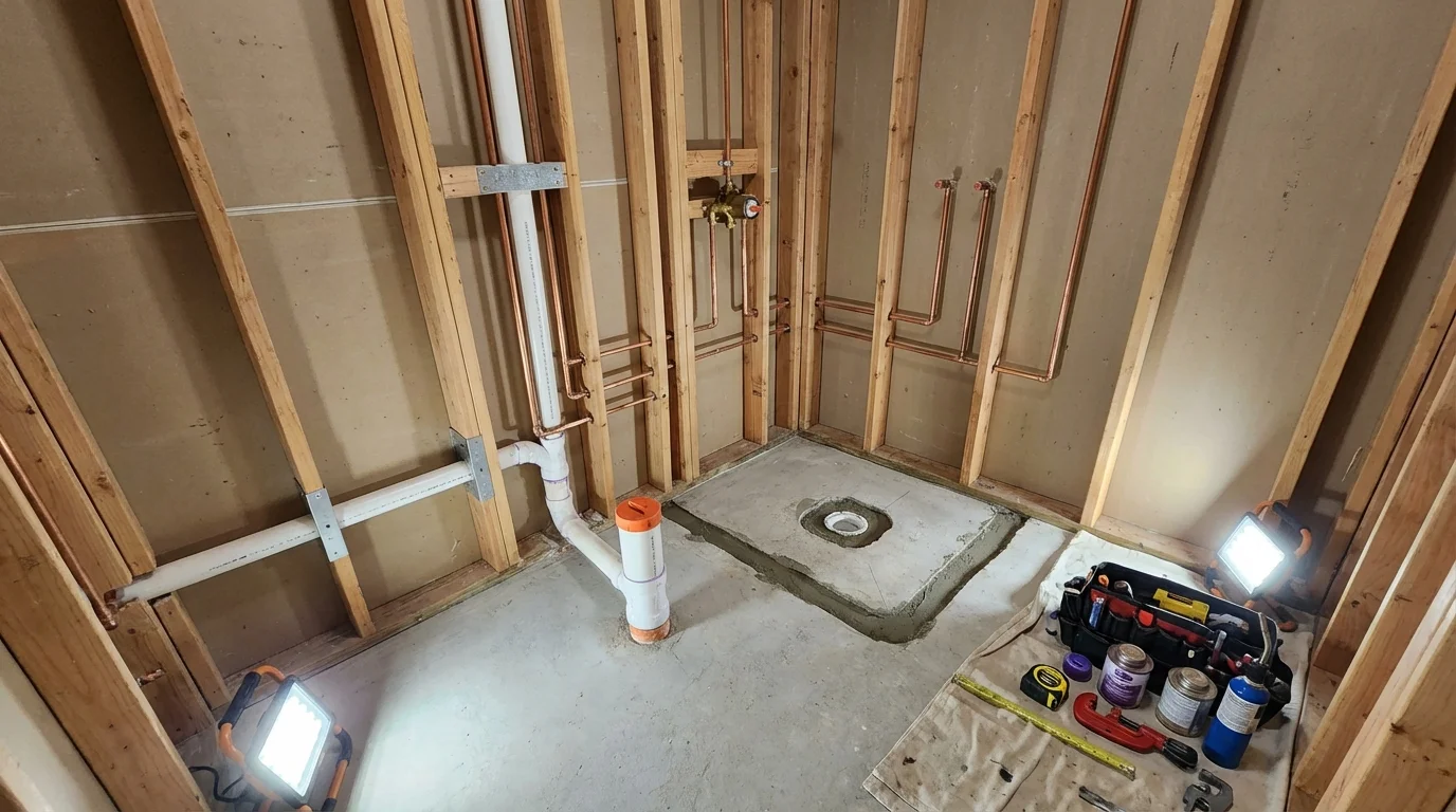 Bathroom rough-in plumbing during remodel by Johns Plumbing LLC in Oskaloosa