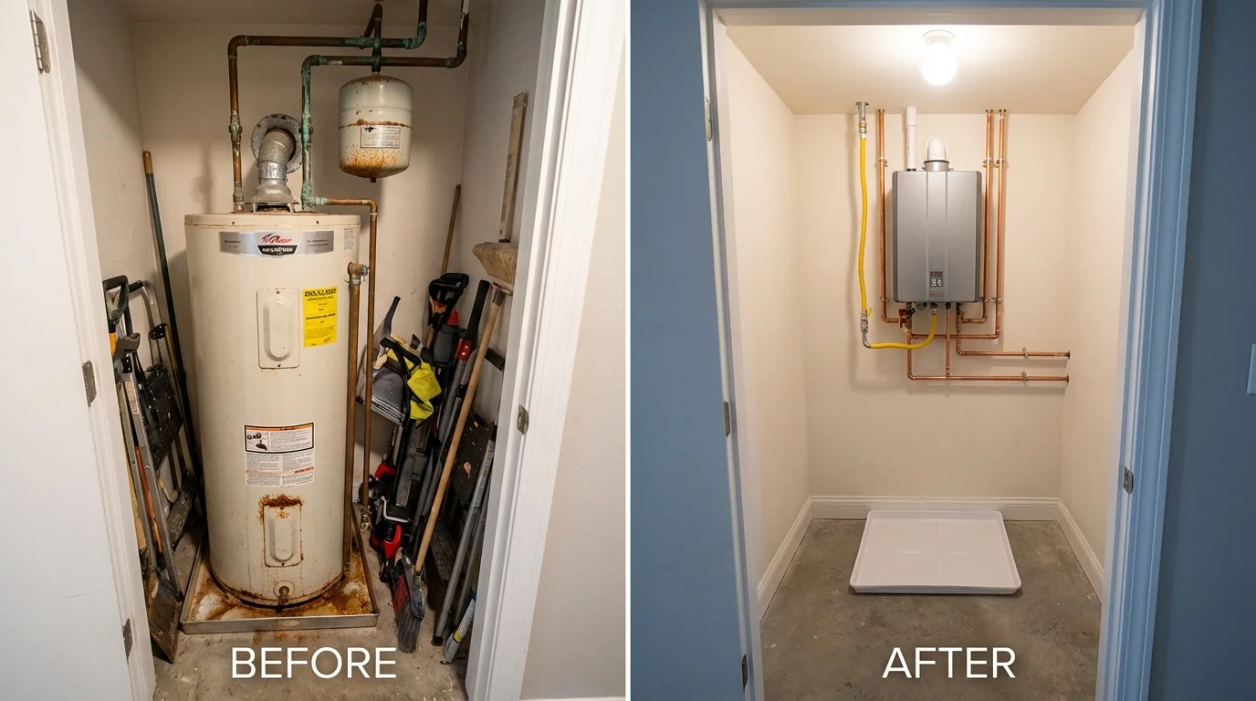 Tank water heater versus wall-mounted tankless unit comparison for Oskaloosa, KS homeowners