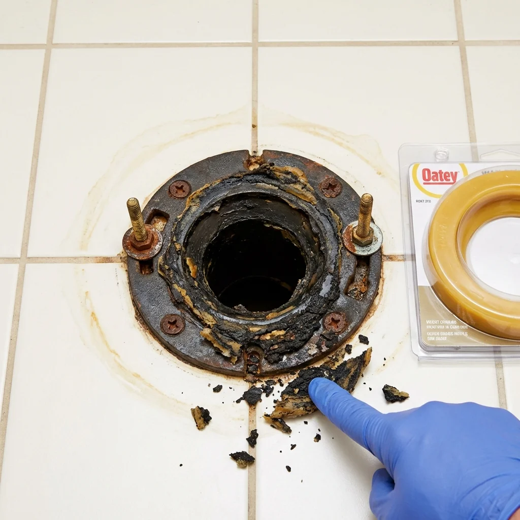 Failed wax ring showing water seepage at the base of a toilet in a Oskaloosa, KS home