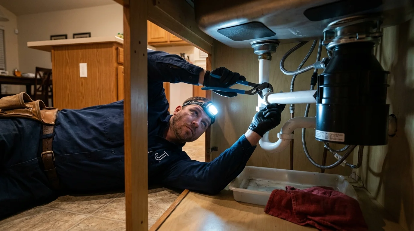 P-trap and supply line connections under a kitchen sink showing a common leak point in Oskaloosa, KS